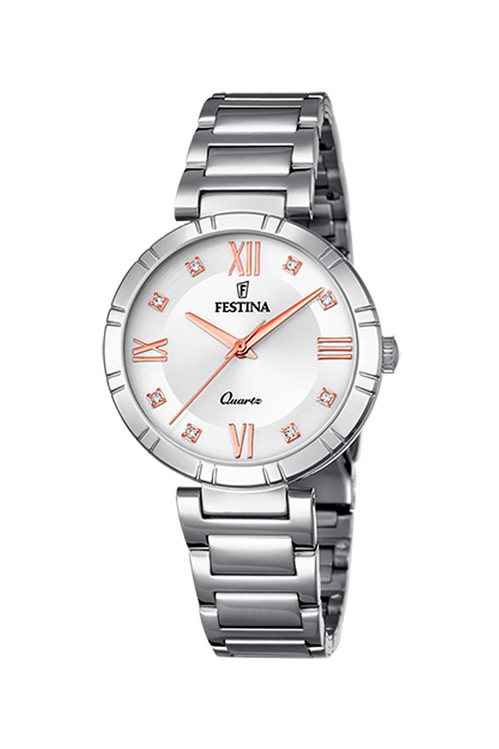 Festina, Ceas rotund decorat cu zirconia, Argintiu/Auriu rose/Alb