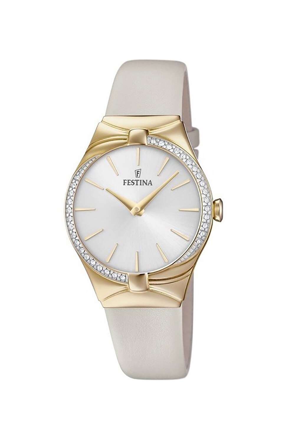 Festina, Ceas rotund decorat cu zirconia, Alb prafuit/Auriu/Argintiu