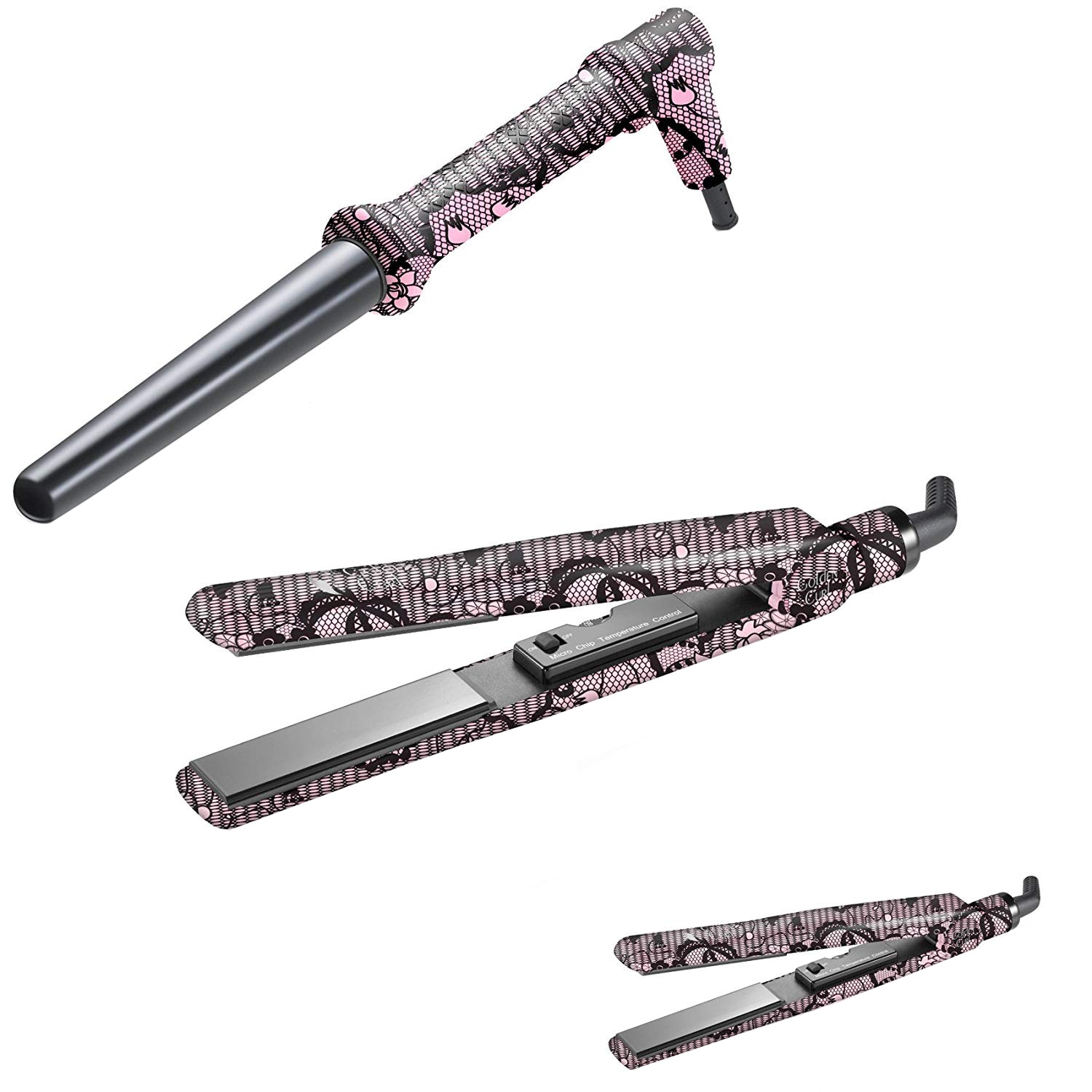 Set complet de seturi de ondulatoare si creatoare de par, Golden Curl, Negru/Roz Titan