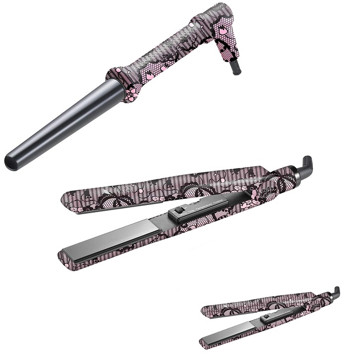 Set complet de seturi de ondulatoare si creatoare de par, Golden Curl, Negru/Roz Titan