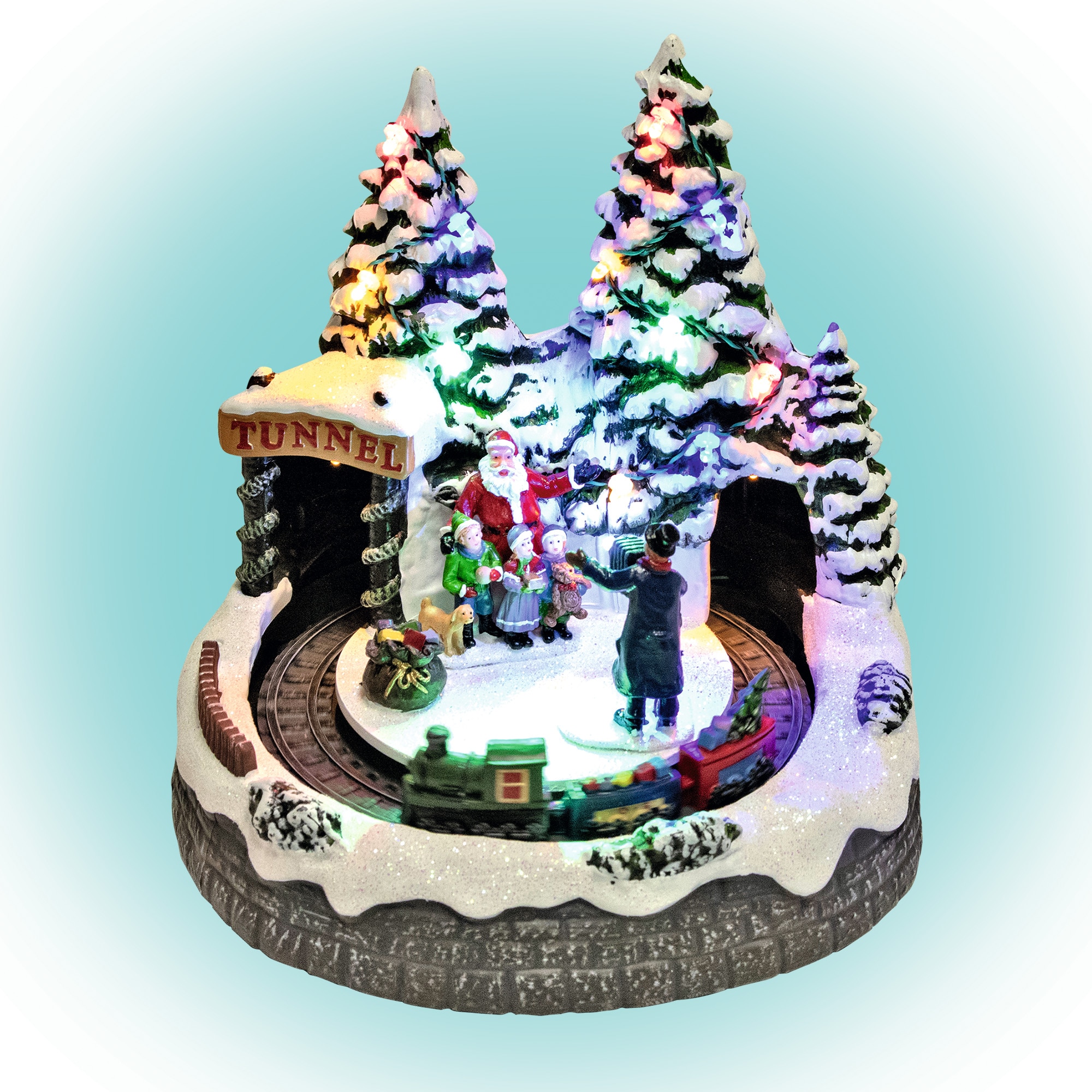 Decoratiune de Craciun, tip sceneta de Craciun-fotograf, Mos Craciun si tren, cu lumini LED colorate, blitz alb cu clipire, melodie placuta, Heber