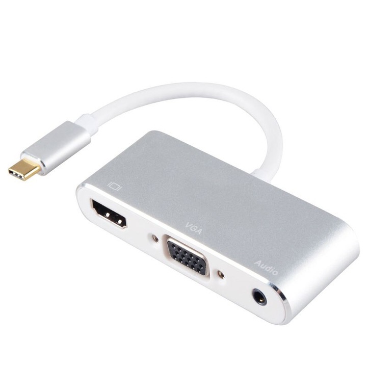 4 в 1 алуминиев хъб адаптер от тип C към HDMI, VGA, USB 3.1 и 3.5 мм аудио, за лаптоп, Macbook, преносим компютър - Phuture®