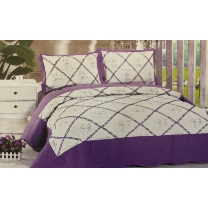 Калъфка за легло + 2 калъфки, Fashion Casa, цвят лилав + бял