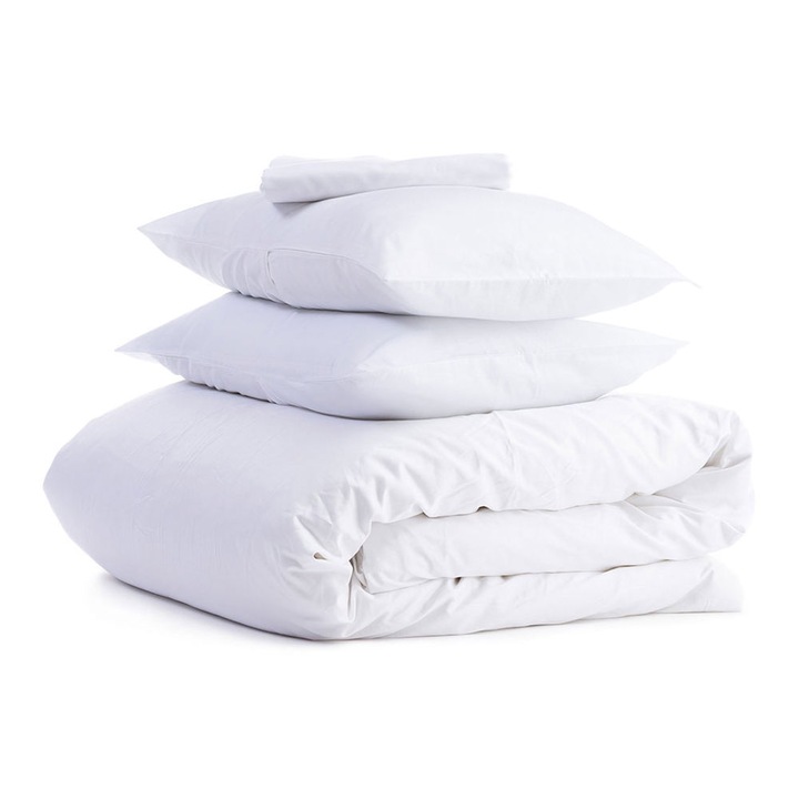 Спален комплект Metru Patrat, За матрак 90 x 200, Креп памук, Бял, 4 части