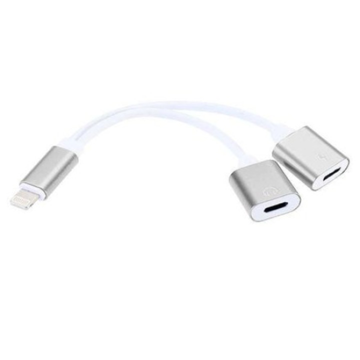 Адаптер 2 в 1 за iPhone, iPad, Lightning, слушалки и зарядно, сплитер, Бял / Сребрист