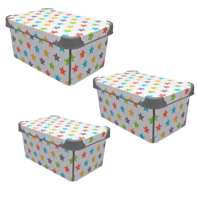 Set 3 cutii cu capac depozitare jucarii RAKI 5lt 19x28x13cm 10lt 23x34x16cm 20lt 23x30x40cm COLORED STAR