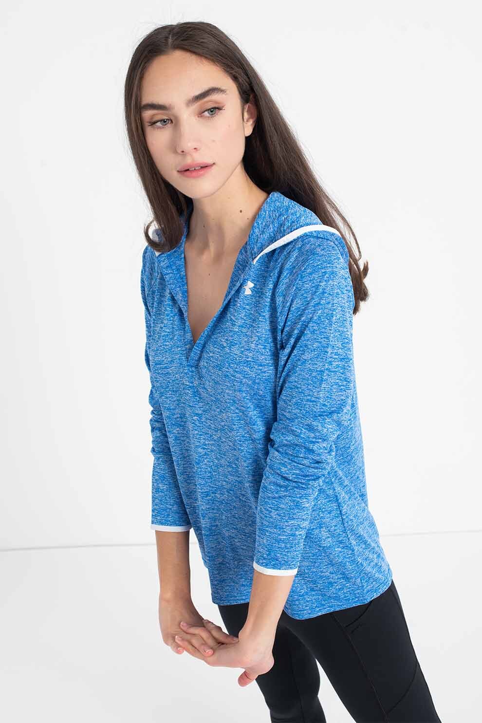 Under Armour, Bluza cu gluga, decolteu in V si logo Tech, Albastru royal/Alb