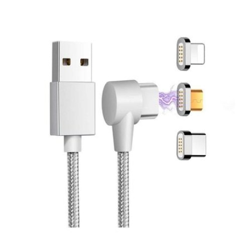 Cablu de date sau incarcare magnetic 3 in 1 Micro USB, Type-C, Lightning 1m, Argintiu