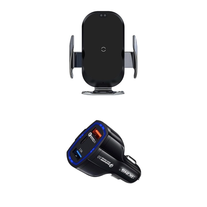 Vezeték nélküli autós telefon támogatás, QI 15W, iPhone Xs, Xsmax,, Gyors vezeték nélküli töltő telefon, + 12V autós gyorstöltő, 3,5A