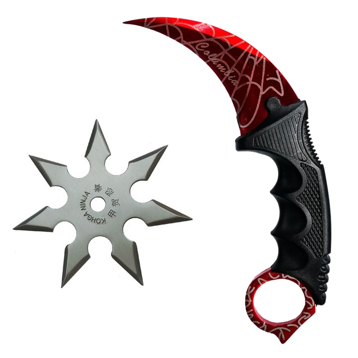 Set Stea Ninja, aruncat la tinta cu 7 colturi, samurai, argintie, Cutit Briceag Karambit CS:GO, rosu