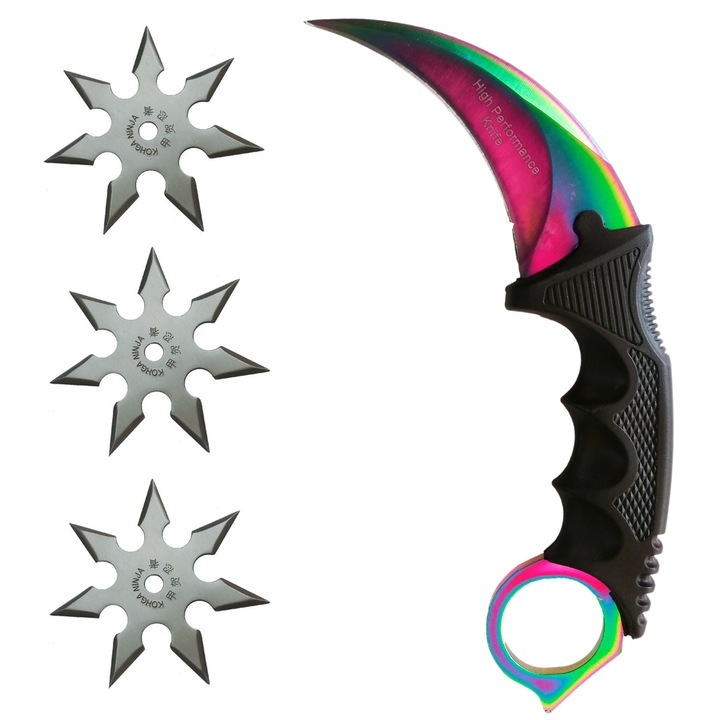 Set Cutit Briceag Karambit CS:GO, multicolor,curcubeu, 3xStea Ninja, aruncat la tinta cu 7 colturi, samurai, argintie