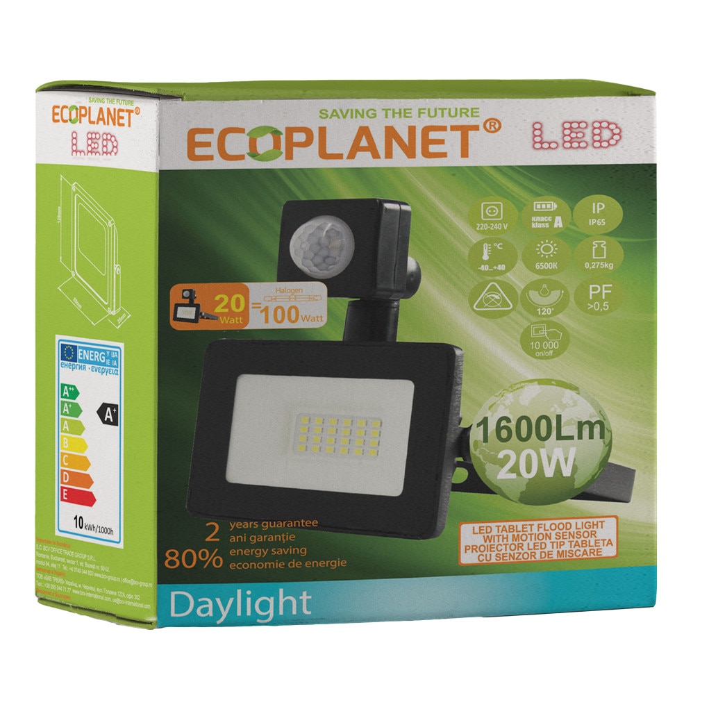 Proiector LED + Senzor, Ecoplanet, Slim Tablet SMD, 20W (150W), 1600LM, 220V, lumina rece 6500k
