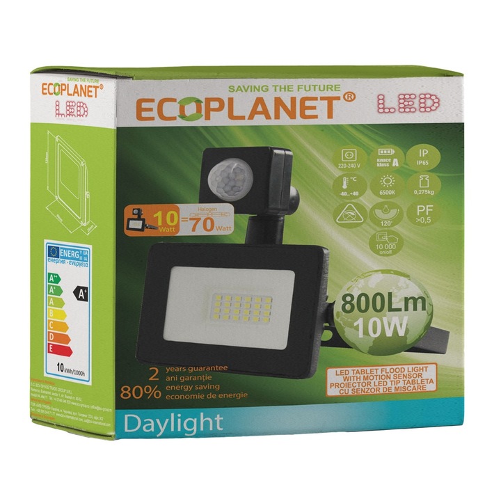 Proiector LED + Senzor, Ecoplanet, Slim Tablet SMD, 10W (70W), 800LM, 220V, lumina rece 6500k