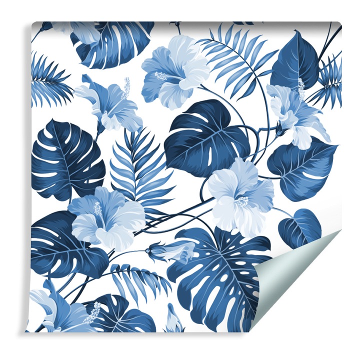 Tapéta Kék trópusi levelek és virágok Méret 53cm x 10m Vlies, Dekoráció, Fantázia, Minimalista minta, Decor, Absztrakt, Kreatív dekoráció