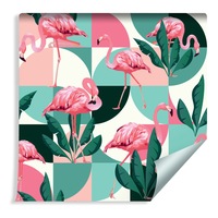 Tapet Flamingo Roz la Moda si Frunze Tropicale, Fototapet 53cm x 10m