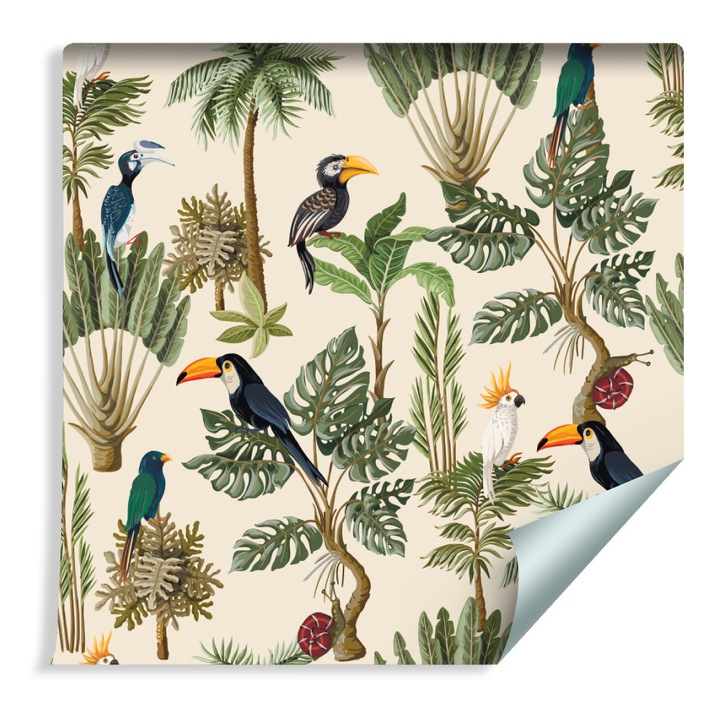 Tapéta Egzotikus madarak és növények vintage stílusban Méret 53cm x 10m Vlies, Minimalista minta, Modern, Nedvességálló, Nappali, Gyerekszobához