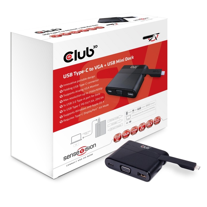 Mini Dock, CLUB3D, 78 x 19 x 60 mm, черен