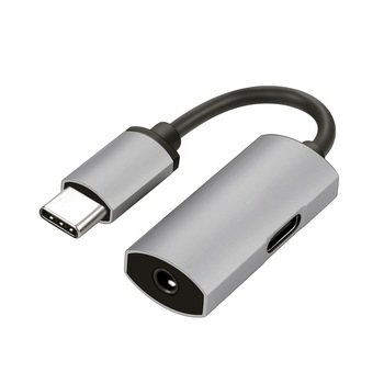 Adaptor multimedia Platinet 44811, USB Tip C la Jack 3.5mm, cu port Tip C de incarcare, gri Adaptor multimedia Platinet 44811, USB Tip C la Jack 3.5mm, cu port Tip C de incarcare, gri
