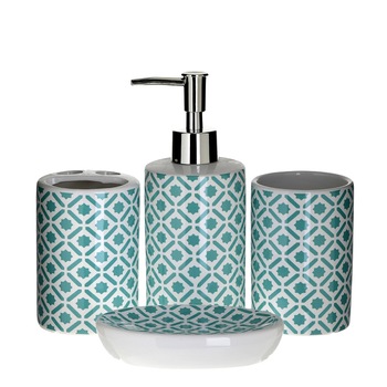 Set accesorii baie din ceramica 4 piese, cu model verde Set accesorii baie din ceramica 4 piese, cu model verde