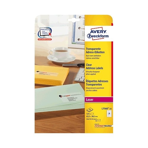 Etichete Avery Zweckform L7560REV-25, transparente 21/A4, 63,5x38,1mm, 25 coli/top