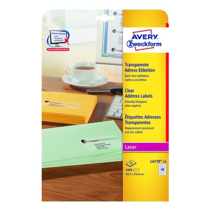 Etichete Avery Zweckform L4770REV-25, transparente 40/A4, 45,7x25,4mm, 25 coli/top