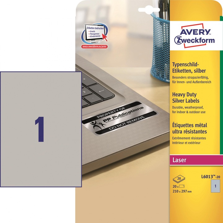Etichete Avery Zweckform L6013-20, metalice 1/A4, 210x297mm, 20 coli/top