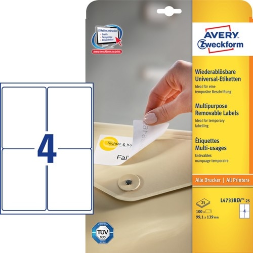 Etichete Avery Zweckform L4733REV-25, repozitionabile 4/A4, 99,1x139mm, 25 coli/top
