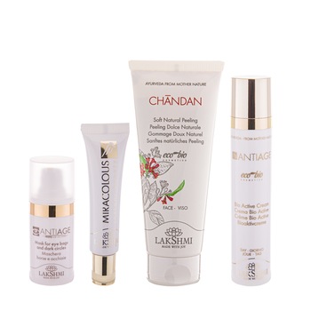 Set 4 produse pentru ingrijirea tenului matur crema bioactiva, peeling facial din acizi de fructe, crema contur ochi, masca ochi, Lakshmi, linia antiage, produse organice Set 4 produse pentru ingrijirea tenului matur crema bioactiva, peeling facial din acizi de fructe, crema contur ochi, masca ochi, Lakshmi, linia antiage, produse organice