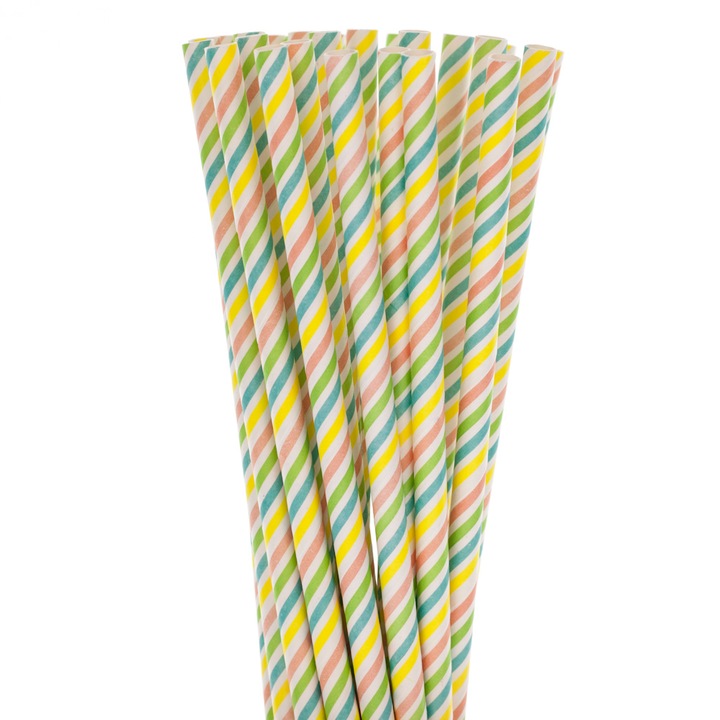 Paie biodegradabile, din hartie, Paper Straws, multicolore, dim: 250 x 6mm - 50buc