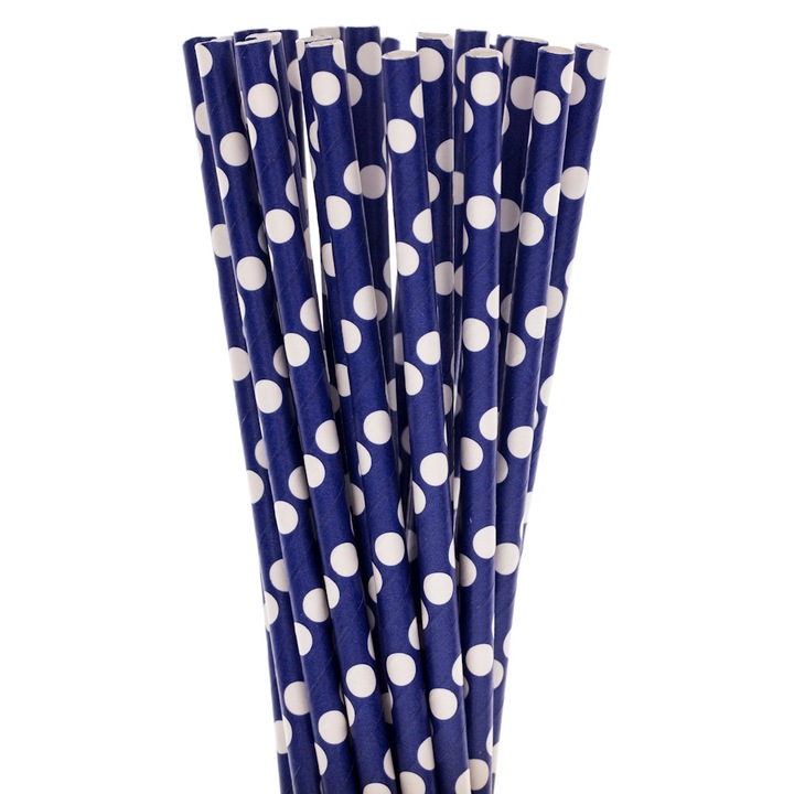 Paie din hartie, Paper Straws, de culoare albastra cu buline mari albe, 50buc/set