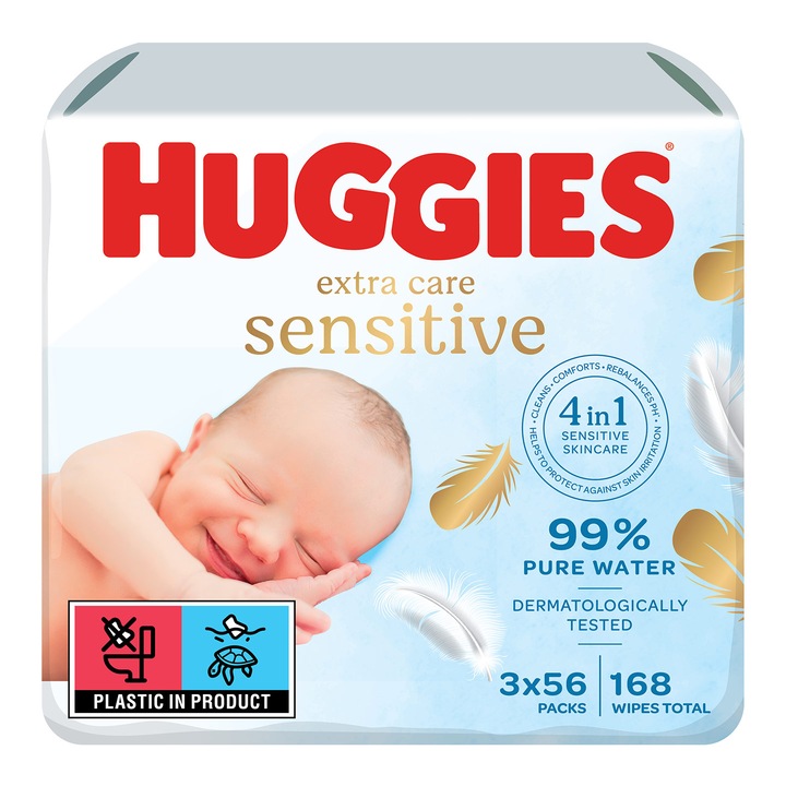 Servetele Umede Huggies Extra Care Sensitive Triplo, 3 pachete x 56, 168 buc