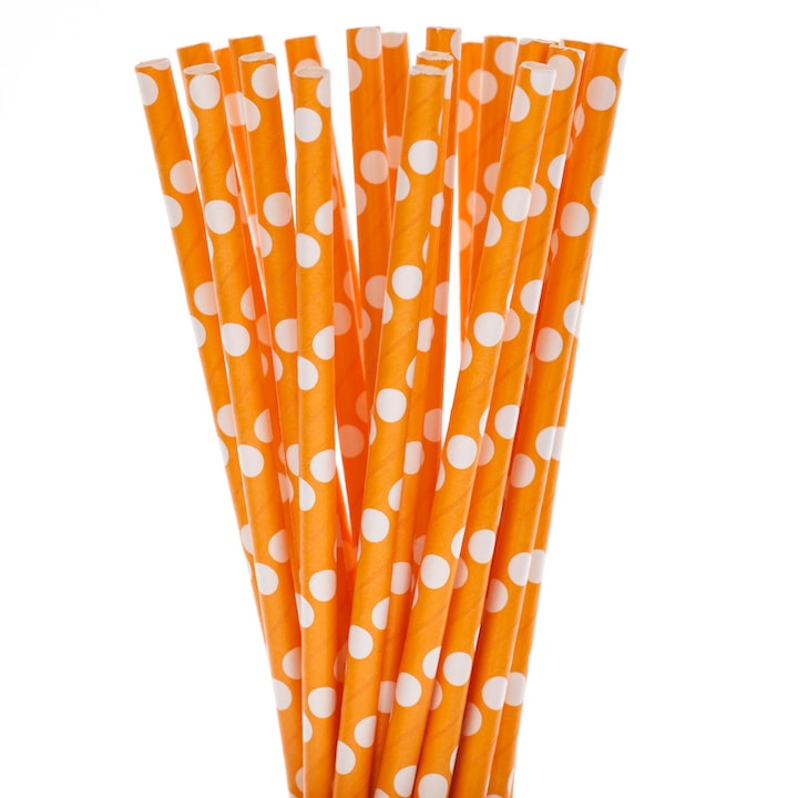 Paie biodegradabile, Paper Straws, culoare portocalie cu buline mari albe, 50buc/set