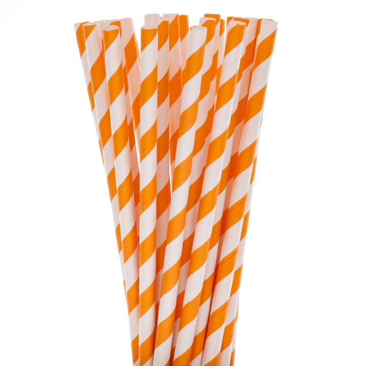 Paie de hartie, ecologice, Paper Straws, culoare portocaliu cu dungi albe, 100buc/set