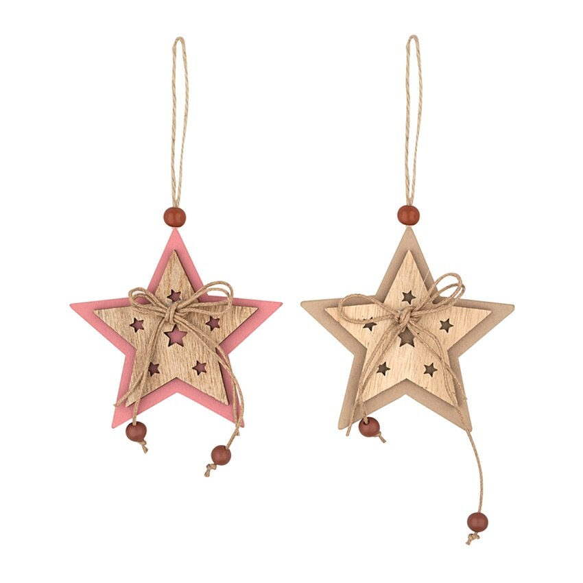 Set 2 stelute gravate din lemn, cu accesorii naturale si sfoara, 7 cm