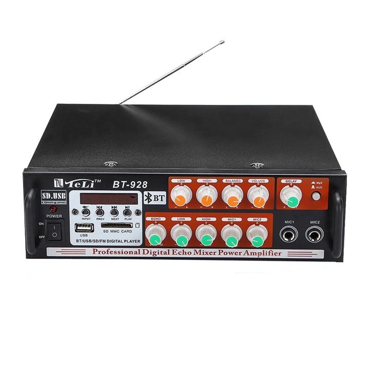 Bluetooth усилвател Teli BT-928, USB, 2 канала, FM радио, SD карта, включено дистанционно управление