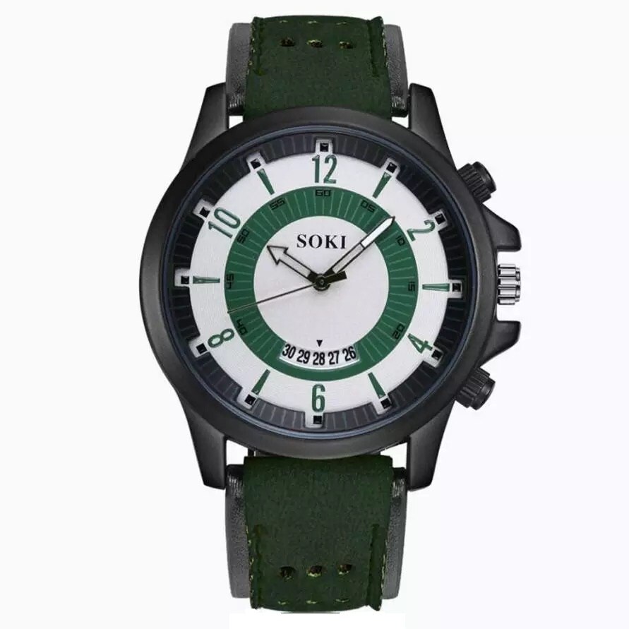 Ceas unisex casual, Elegant Quartz Soki model Premium S22 verde, curea piele, afisaj analog