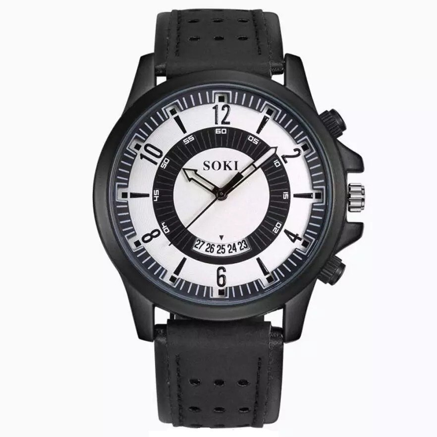 Ceas unisex casual, Elegant Quartz Soki model Premium S22 negru, curea piele, afisaj analog
