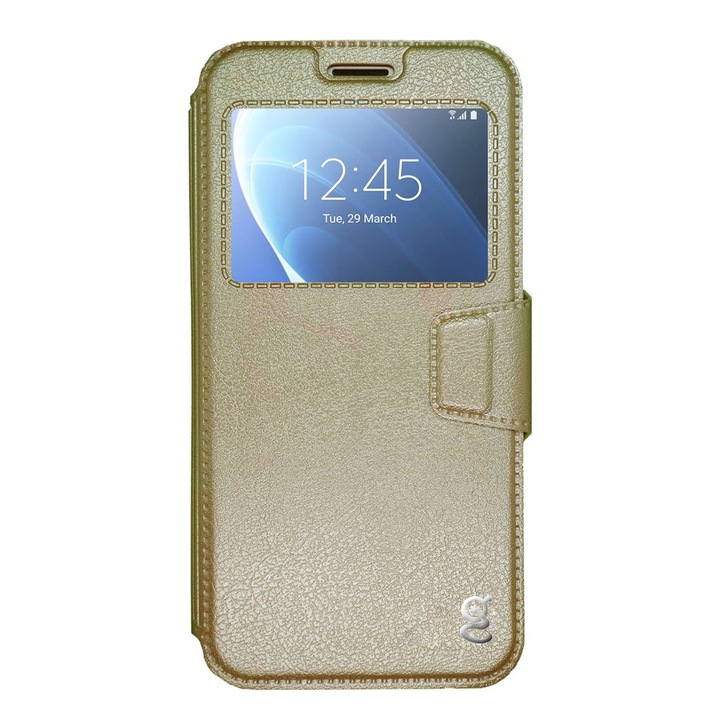 GEKKO Mobile S -View Mobiltelefon Védőtok, Samsung J3 tok 2016, (J310, J320), Mágneszár, Ablakkal, Arany