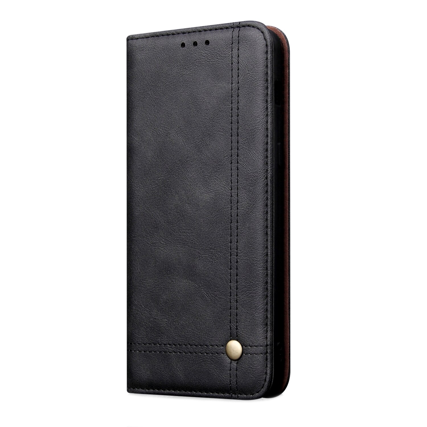 Husa iPhone 11, CaseMe, piele, tip portofel, cusaturi ornamentale, stand, inchidere magnetica, Negru