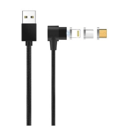 Cablu de date sau incarcare magnetic 3 in 1 Micro USB, Type-C, Lightning, 1m, Negru