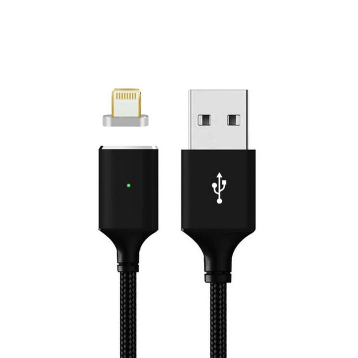 Cablu de date sau incarcare magnetic pentru iPhone, conector Lightning magnetic, lungime 1m, ranforsat textil, Negru