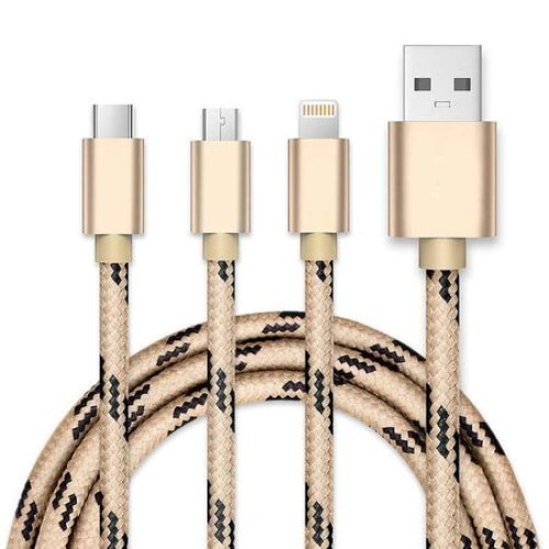 Cablu de date 3 in 1 Lightning micro USB Type-C, iPhone, Samsung, Huawei, Universal, Auriu