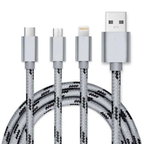 Cablu de date 3 in 1 Lightning micro USB Type-C, iPhone, Samsung, Huawei, Universal, Gri