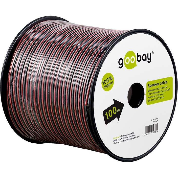 Cablu difuzor Goobay, rola 100m, rosu/negru, 2 x 1,50 mm²