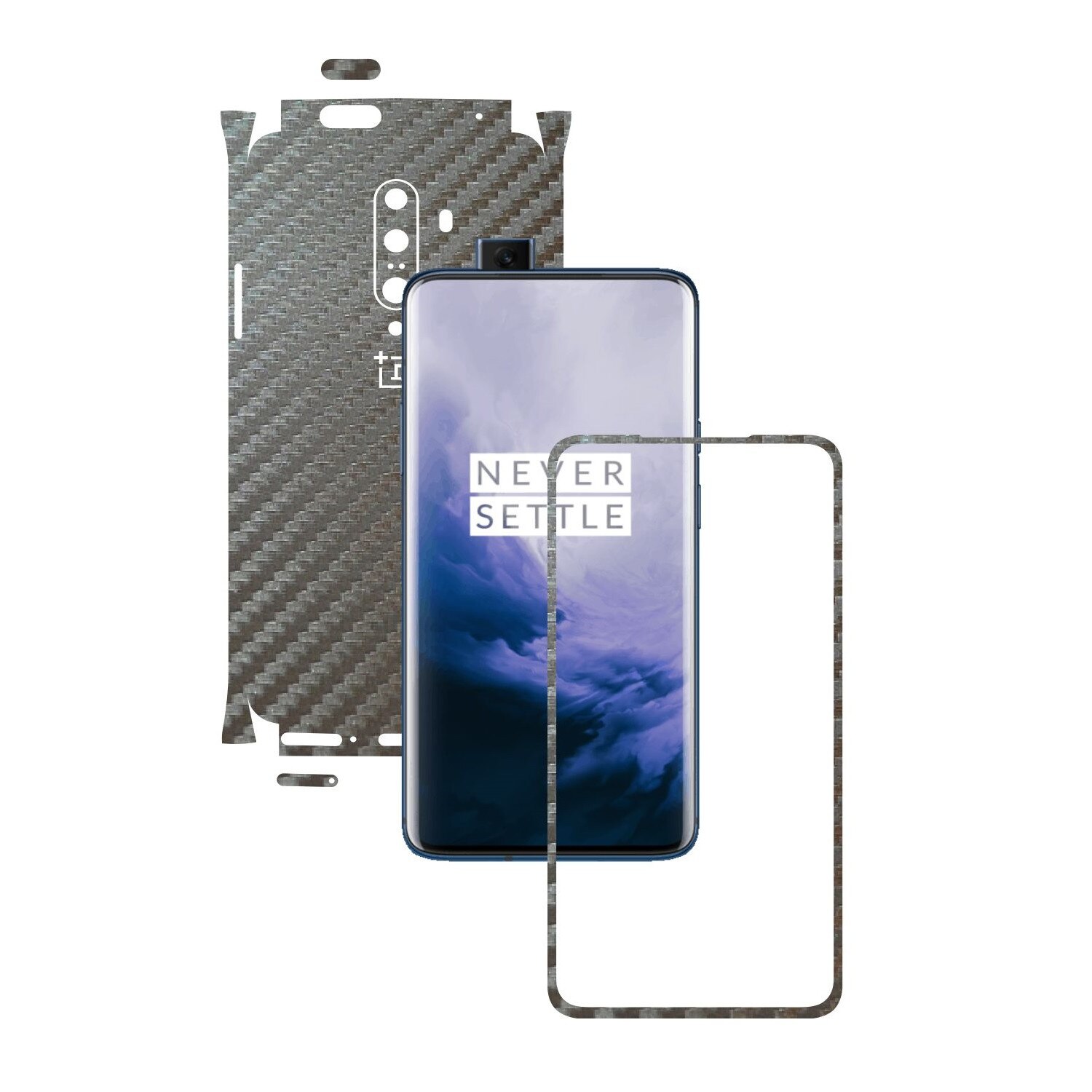 Folie Protectie Carbon Skinz pentru OnePlus 7T Pro, (5G) - Carbon Gri Argintiu 360 Cut, Skin Adeziv Full Body Cover pentru Rama Ecran, Carcasa Spate si Laterale