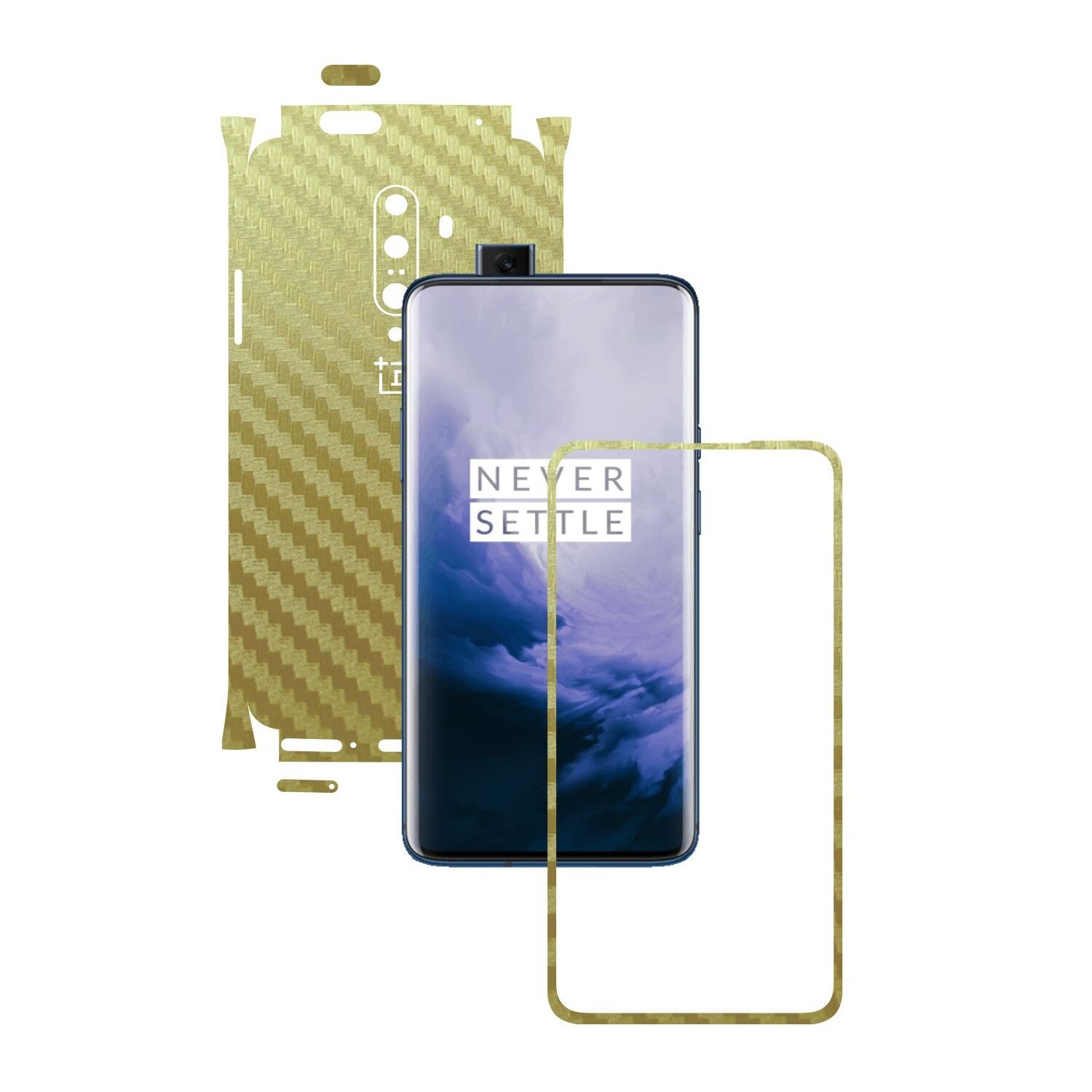 Folie Protectie Carbon Skinz pentru OnePlus 7T Pro, (5G) - Carbon Auriu 360 Cut, Skin Adeziv Full Body Cover pentru Rama Ecran, Carcasa Spate si Laterale