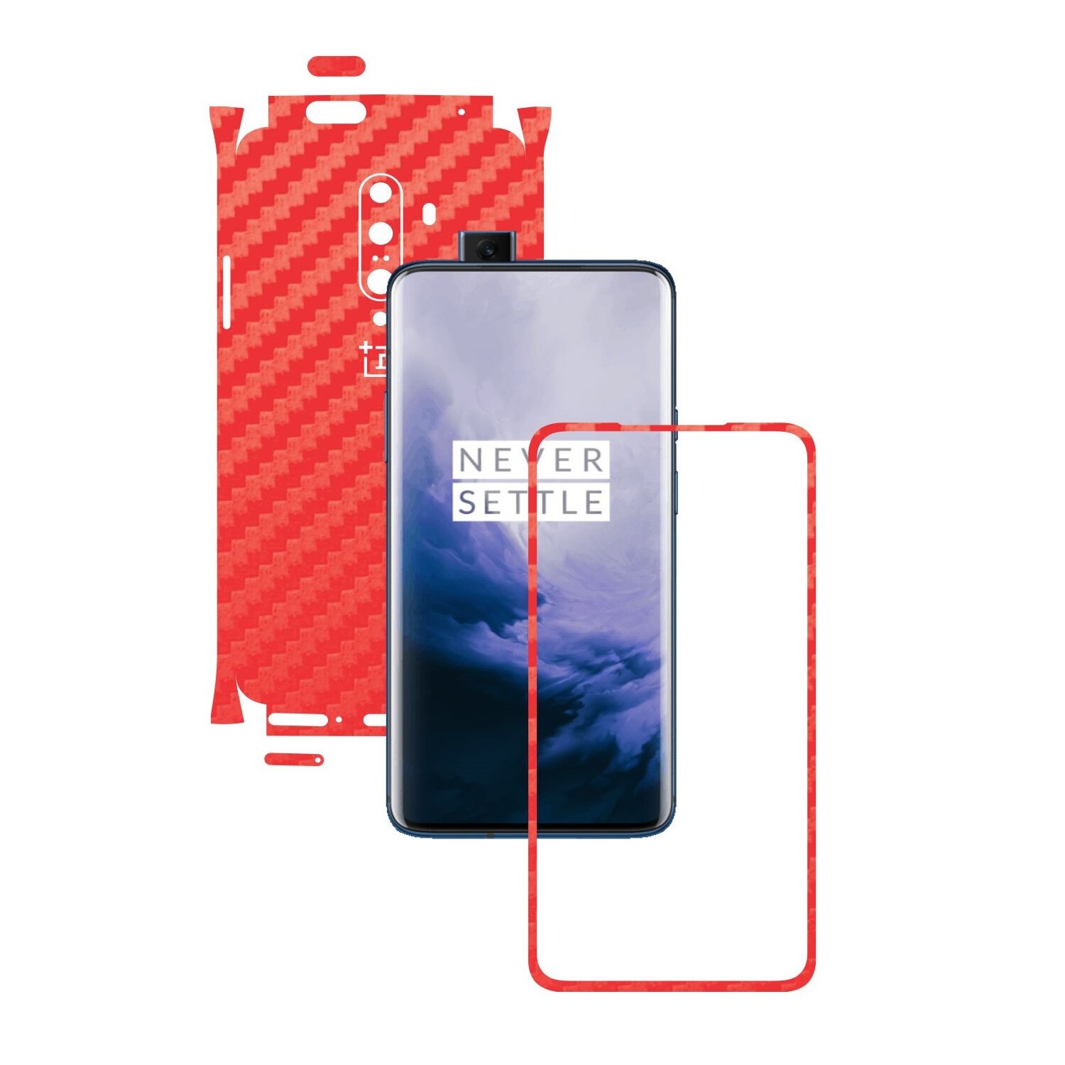 Folie Protectie Carbon Skinz pentru OnePlus 7T Pro, (5G) - Carbon Rosu 360 Cut, Skin Adeziv Full Body Cover pentru Rama Ecran, Carcasa Spate si Laterale