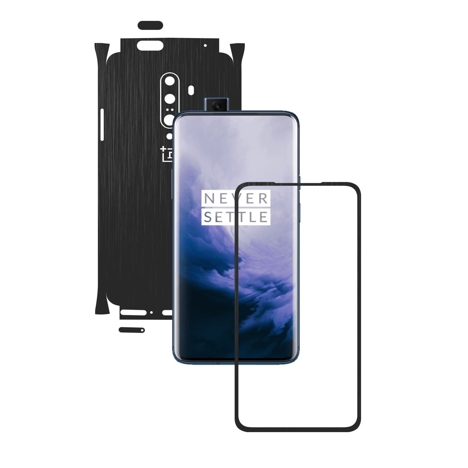 Folie Protectie Carbon Skinz pentru OnePlus 7T Pro, (5G) - Brushed Negru 360 Cut, Skin Adeziv Full Body Cover pentru Rama Ecran, Carcasa Spate si Laterale