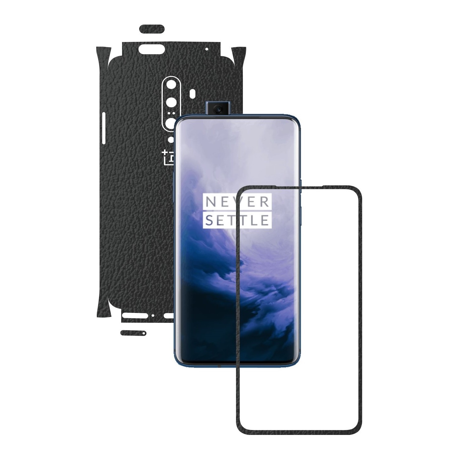 Folie Protectie Carbon Skinz pentru OnePlus 7T Pro, (5G) - Piele Neagra 360 Cut, Skin Adeziv Full Body Cover pentru Rama Ecran, Carcasa Spate si Laterale