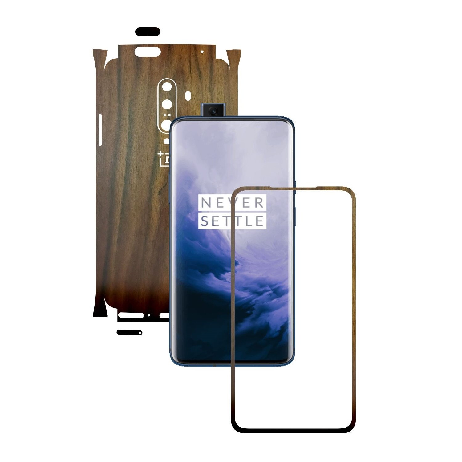 Folie Protectie Carbon Skinz pentru OnePlus 7T Pro, (5G) - Lemn Nuc 360 Cut, Skin Adeziv Full Body Cover pentru Rama Ecran, Carcasa Spate si Laterale